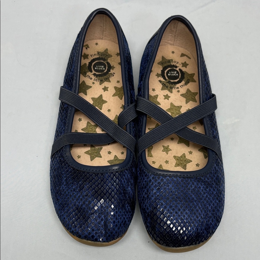 Livie & Luca Aurora Ballet Flats Navy Snake Print Criss Cross Strap SZ 3Y